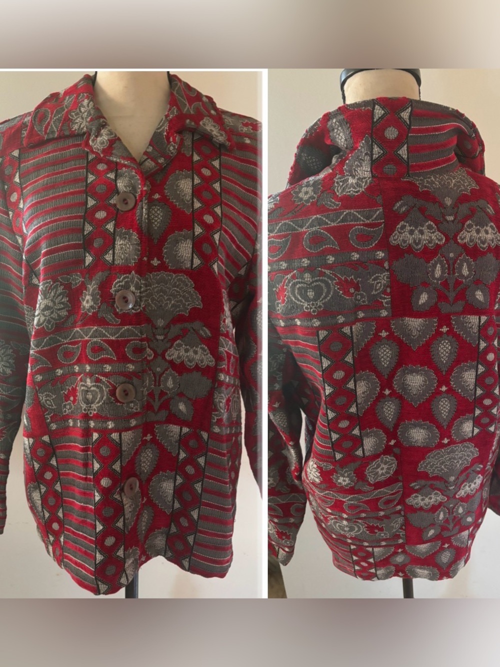 Sag Harbor Red and Gray Tapestry Patterned Button-Up